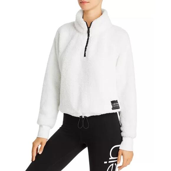 $70 Calvin Klein Performance White Quarter-Zip Fleece Crop Sweatshirt - S/P - Picture 1 of 5